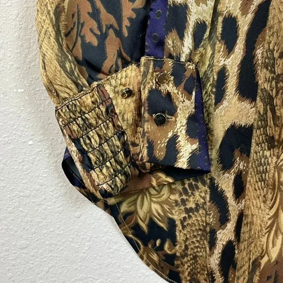 Chicos Sz 3 16/18 Long Sleeve Button Up Shirt Animal Floral Boho Gold Black Blue - Picture 3 of 9